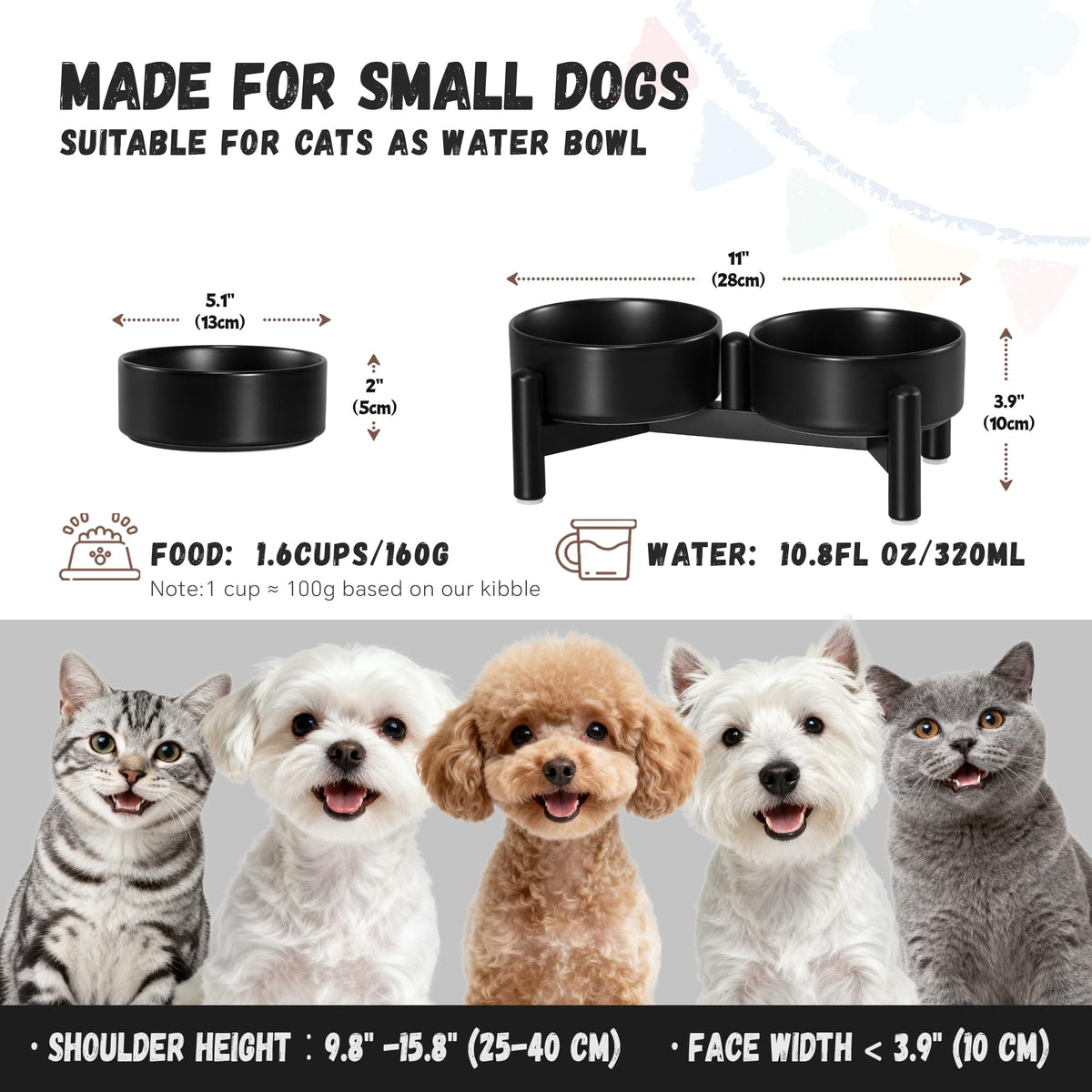Raised Ceramic Dog Bowl Set with Stand (Black / 2 Bowls - 1.6 Cups Each)