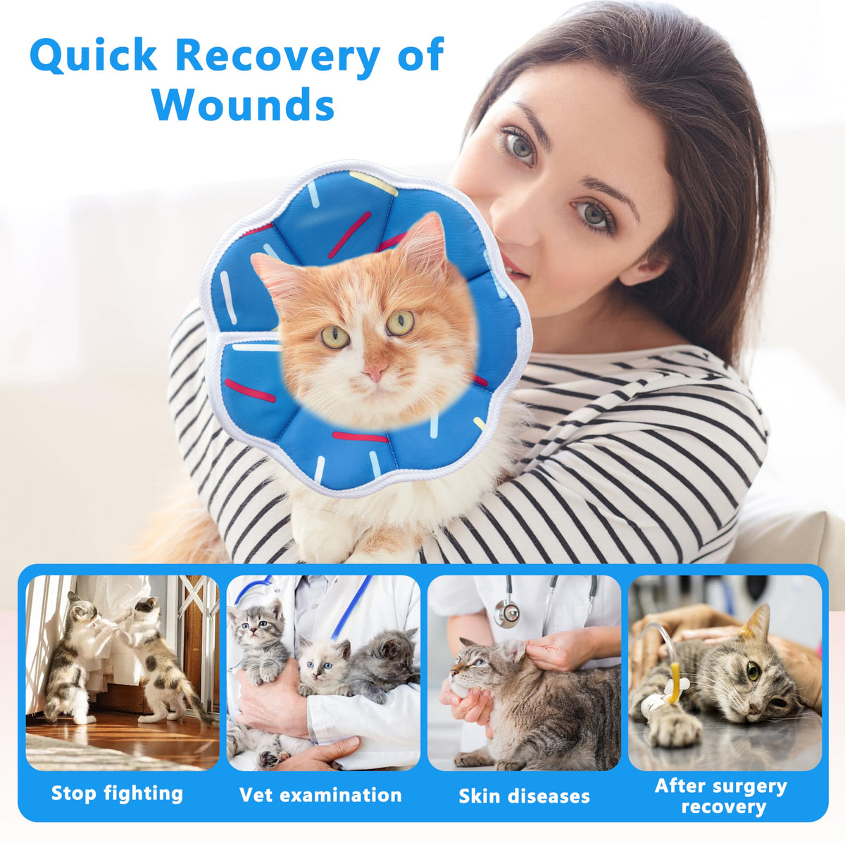 Soft Adjustable Cat Cone Collar (Blue Stripe / Small)