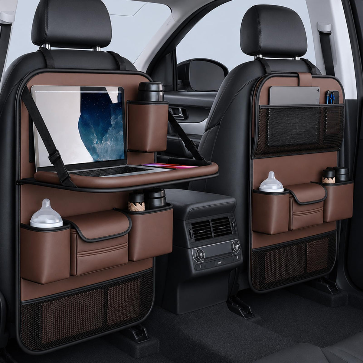 2 Pack Leather Car Backseat Organizer with Foldable Table Tray (Brown)
