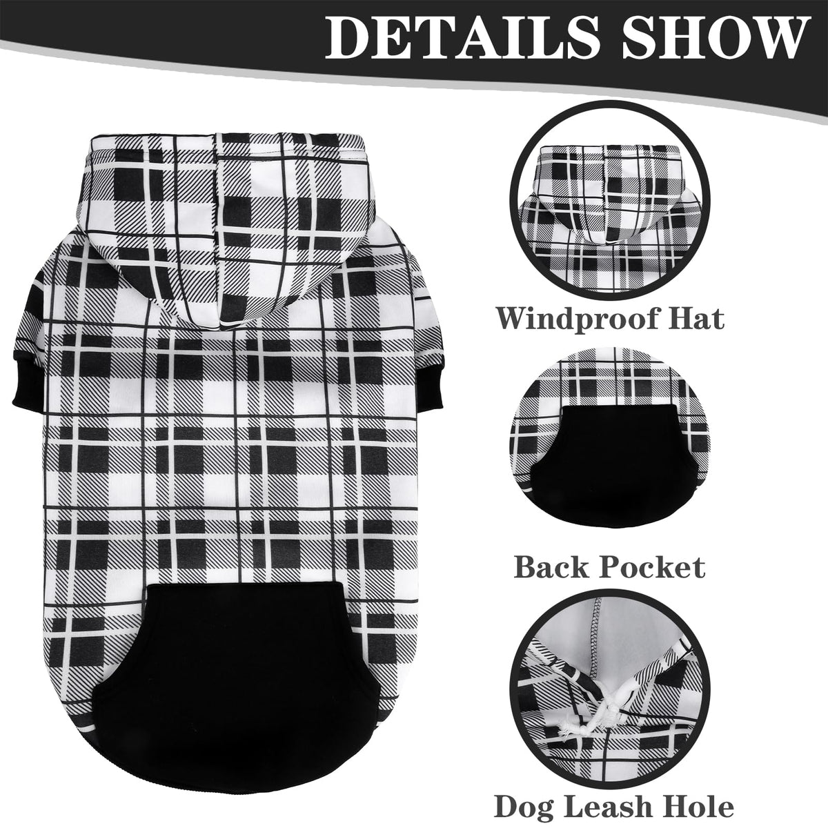 Plaid Dog Hoodie (Black & White / X-Large)