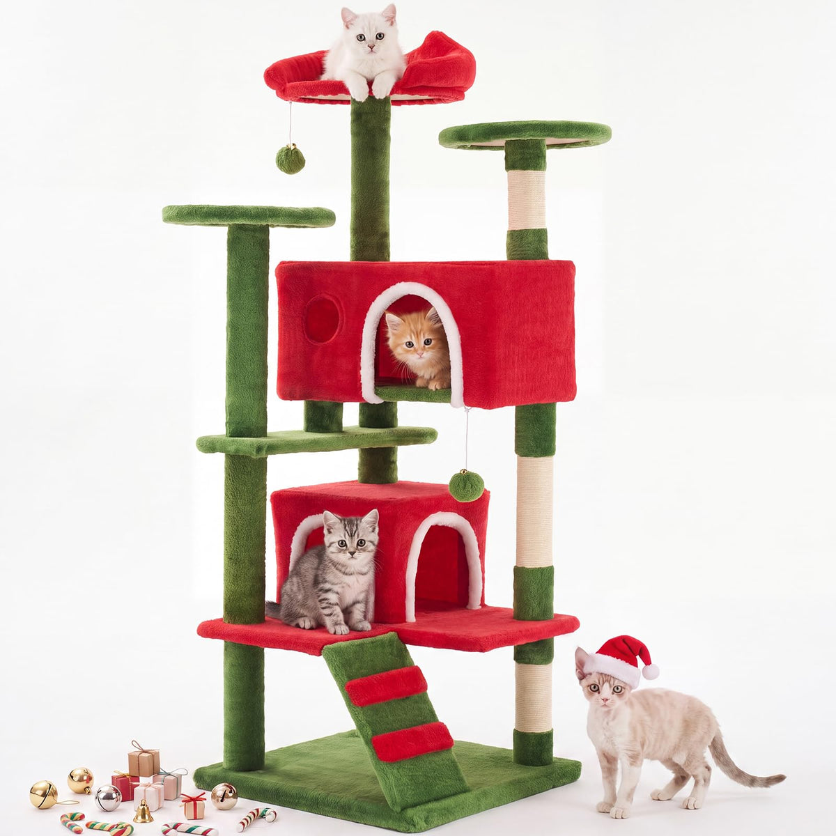 54 Inch Cat Tree Tower with Scratching Posts (Red & Green / 54 Inch)