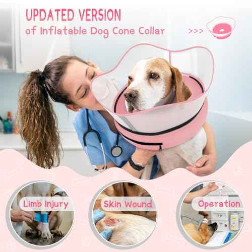 Raised Inflatable Dog Cone Collar to Stop Licking (Solid Pink / XL(Neck 14"-18"))