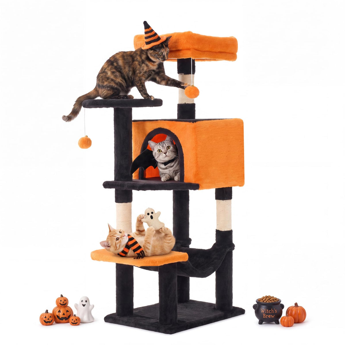44 Inch Cat Tree Tower with Natural Sisal Scratching Posts (Black & Orange / 44 Inch)