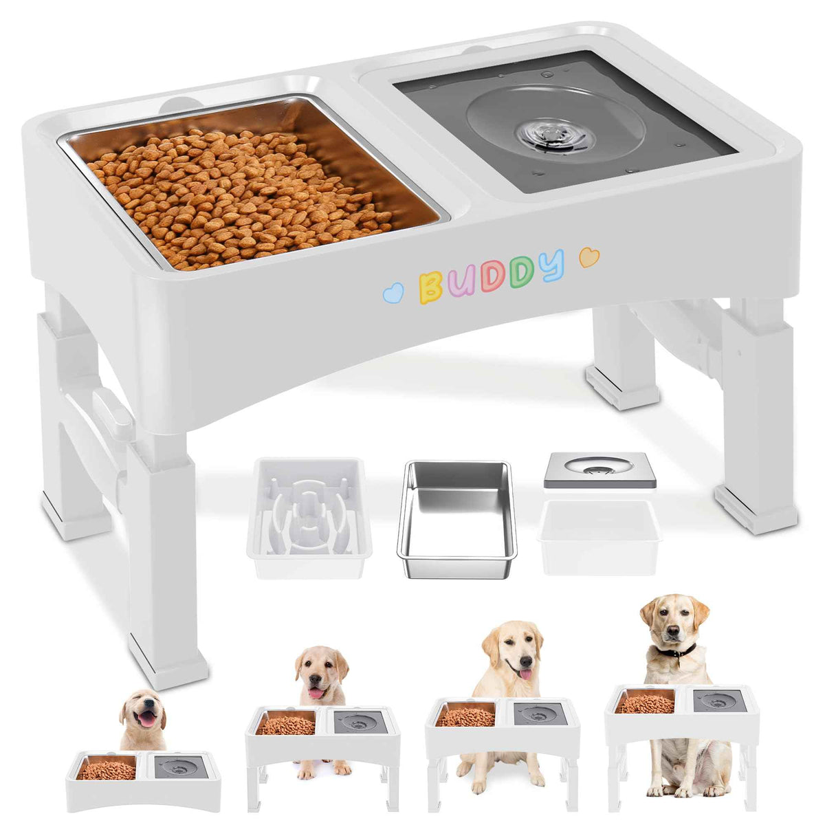 3-in-1 Elevated Dog Bowls with 4 Height Adjustable Raised Stand (White / 3-in-1 Dog Bowls Set)