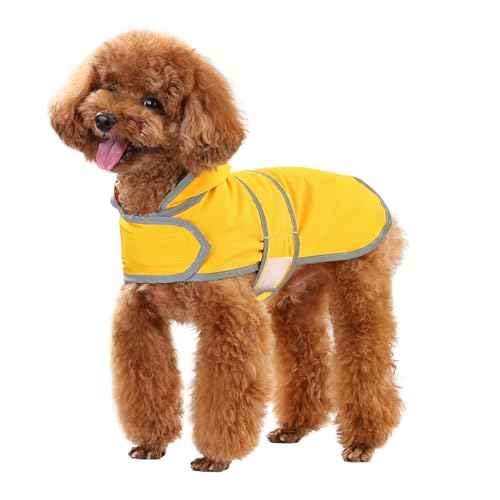 Dog Raincoat for Small Dogs Puppies Waterproof Jacket Hooded Rain Coats with Reflective Strips Leash Hole & Poncho Adjustable Fit (B.Yellow / Small)