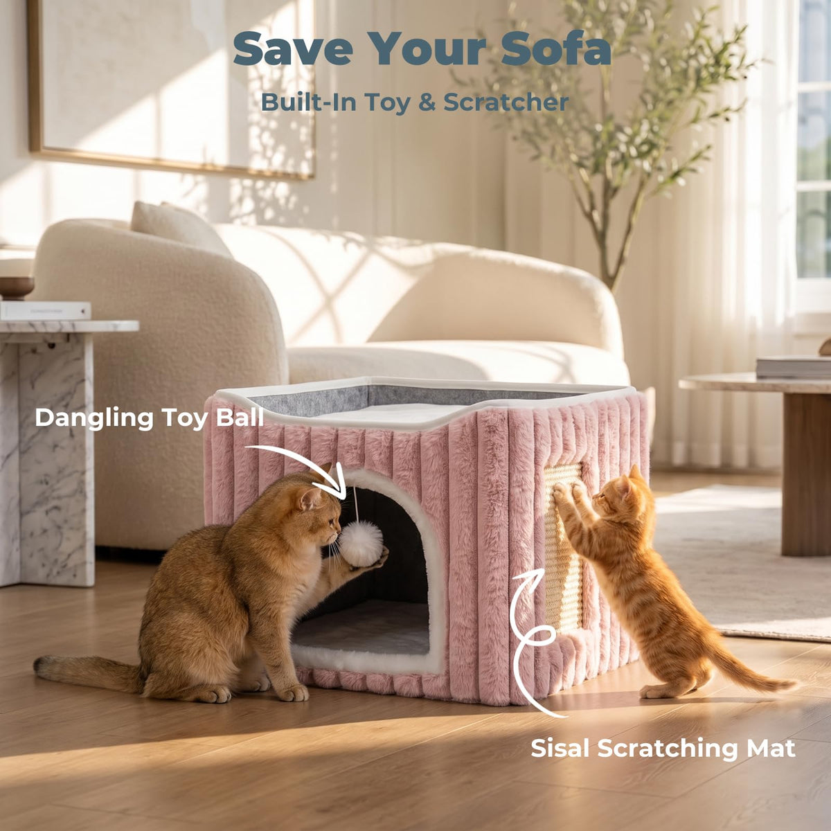 3-in-1 Cat Cave Bed for Indoor Cats with Scratch Pad (Pink)