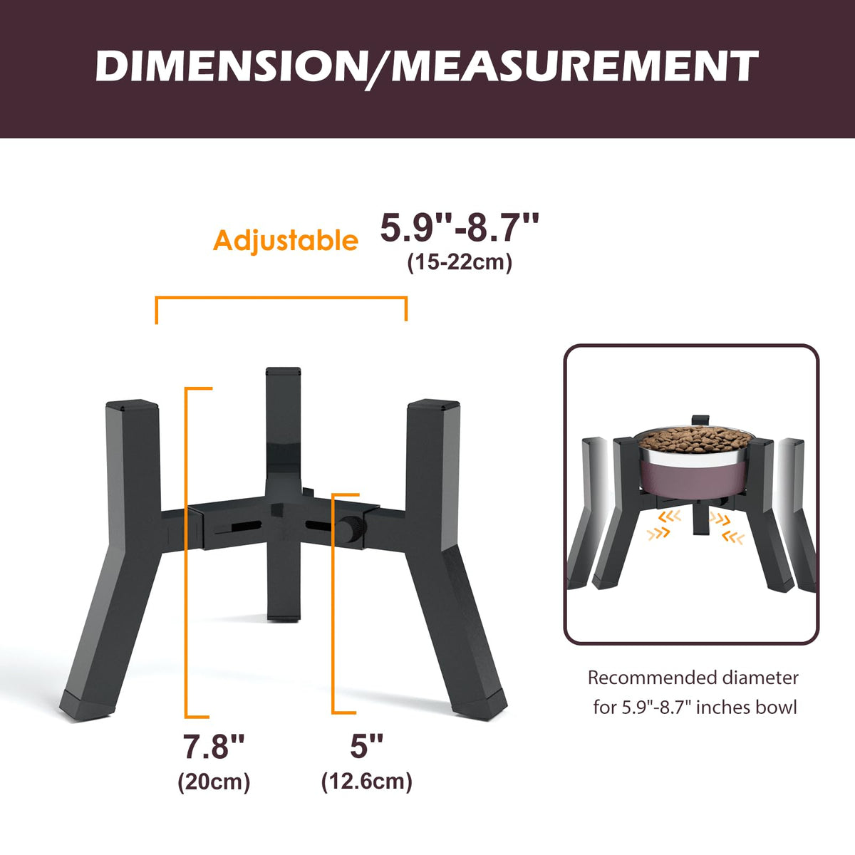 Elevated Dog Bowls Adjustable Width Stand for 5.2 (Black-7.8H- Square / Height: 7.8", Width: 5.9-8.7")