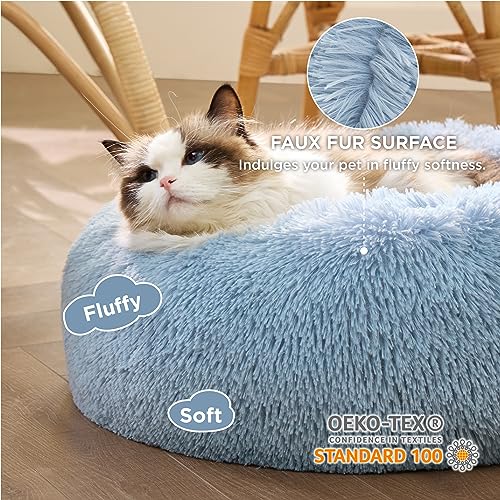 Calming Cat Beds Donut Round Washable Kitten Bed (20"L x 20"W x 6"Th / Light Blue)