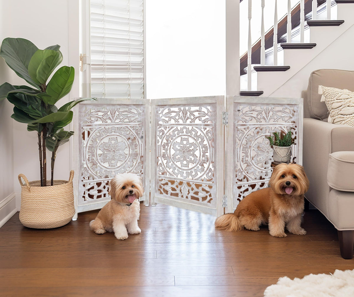 Wooden Foldable Pet Dog Gate (White Wash / 3 Panel)