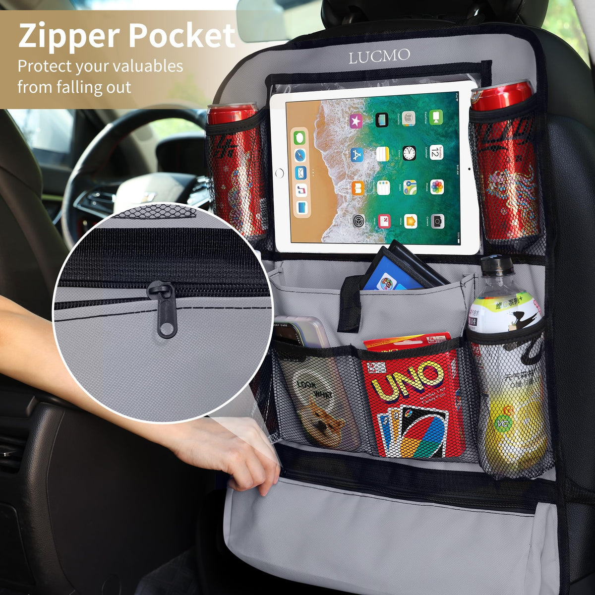 Car Backseat Organizer with Touch Screen Tablet Holder (Grey-1 / 2 Pack)