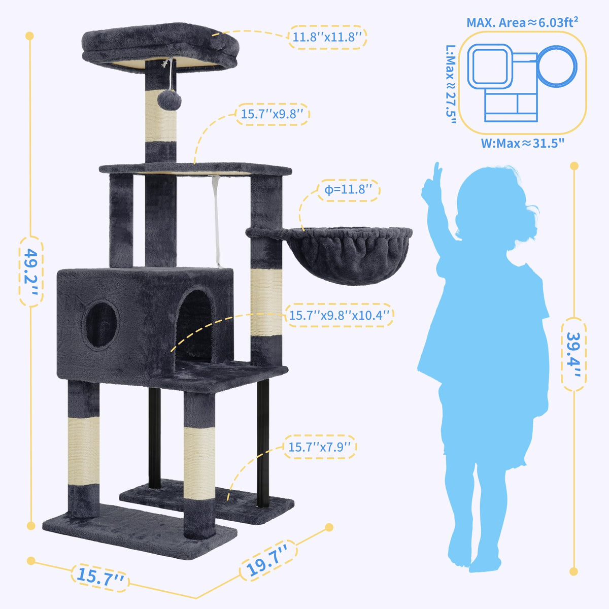 Cat Tree with Toy (Smoky Gray / 49 inch)