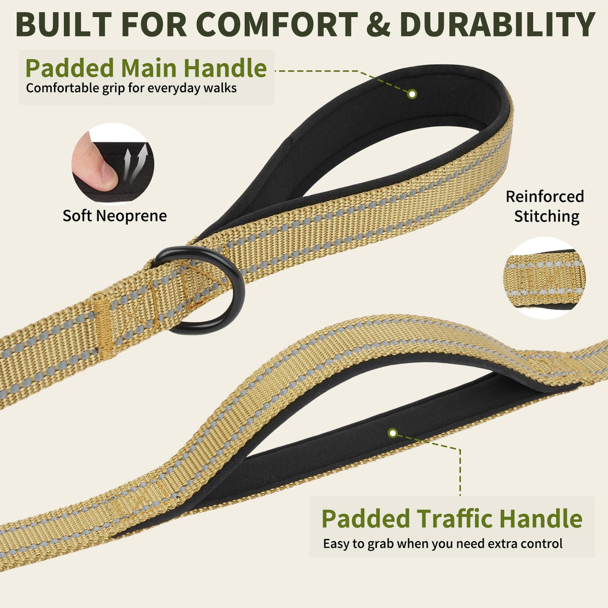5FT Tactical Heavy Duty Dog Leash No Pull with 2 Padded Handles (Khaki / 5FT)