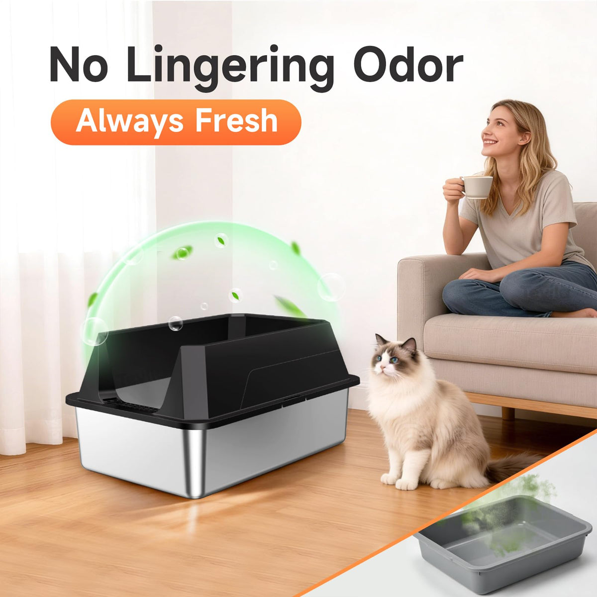 Stainless Steel Litter Box with High Sides (Black-1Pack)