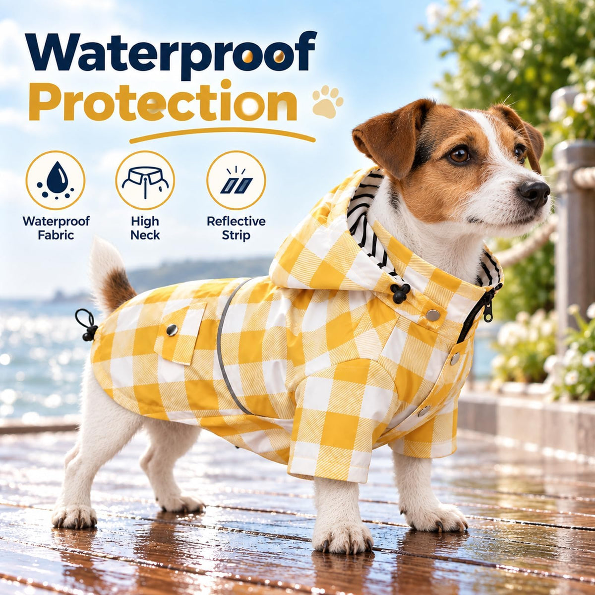 Dog Rain Coat Waterproof Raincoat Puppy Jacket with Buttons Zipper Hood Drawstring Fit for Yorkie Terrier Schnauzer Poodle Border Collie Labrador Golden Retriever 8lbs to 80lbs (X-Large / White/Yellow Paid)