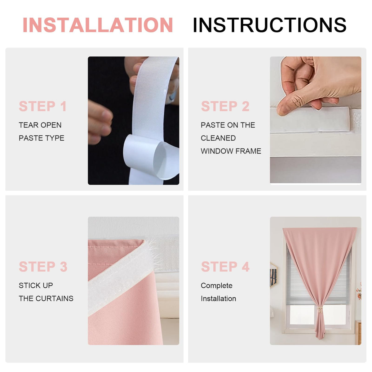 Magic Tape Blackout Curtains (47"W x 84"L (Pack of 1) / Pink)