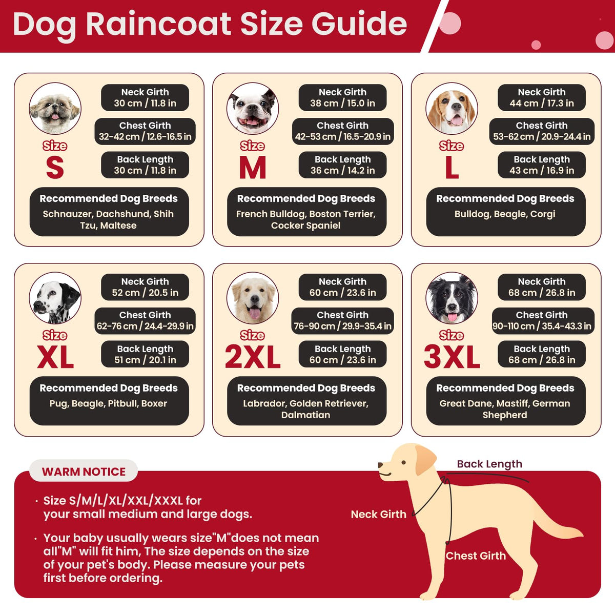 Dog Raincoat Waterproof Rain Jacket with Hood (XXL(Back Length23.6") / Red Brown)