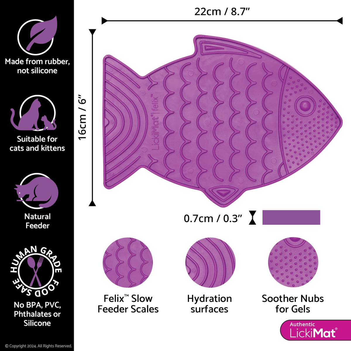 Felix, Fish-Shaped Cat Slow Feeders Lick Mat, Boredom Reducer; Perfect for Food, Treats, Yogurt, or Peanut Butter. Fun Alternative to a Slow Feed Cat Bowl or Dish, Purple (Purple)