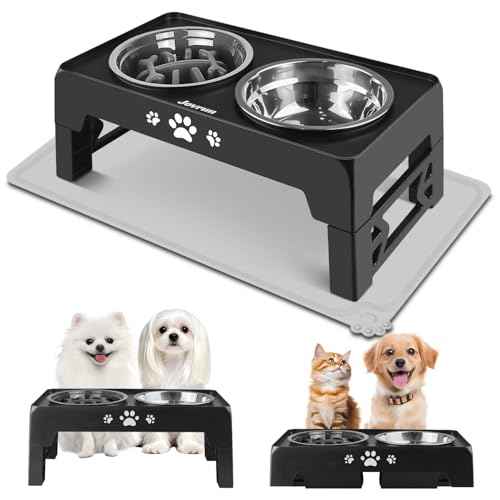 Elevated Dog Bowls for Small Dogs and Cats with Mat (for Small Dogs 1 Basic&1Slow Bowl with Mat / Black)
