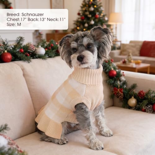 Dog Sweater Dress Plaid Knitwear for Large Dogs Girl Christmas Clothes (Beige / X-Large)