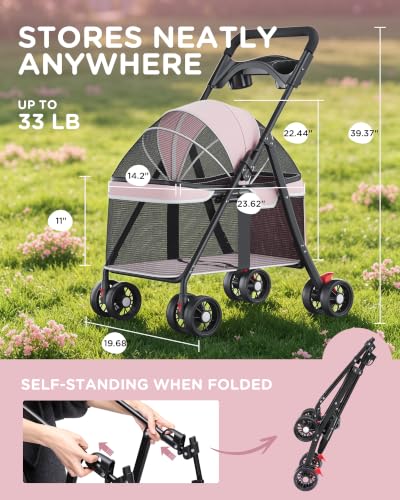 Foldable Pet Stroller for Small Dogs and Cats (★Pink【Full Mesh】)