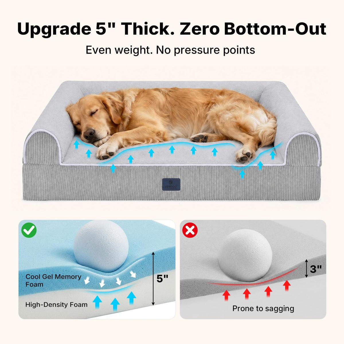 Orthopedic Dog Beds Large Sized Dog (Light Grey / 41"L x 32"W x 10"Th)