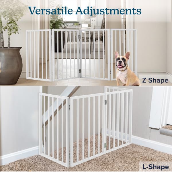 Pet Gate - 4-Panel Indoor Foldable Dog Fence for Stairs, Hallways or Doorways - 72x24-Inch Retractable Wood Freestanding Dog Gates by PETMAKER (White) (White / 4 Panel)