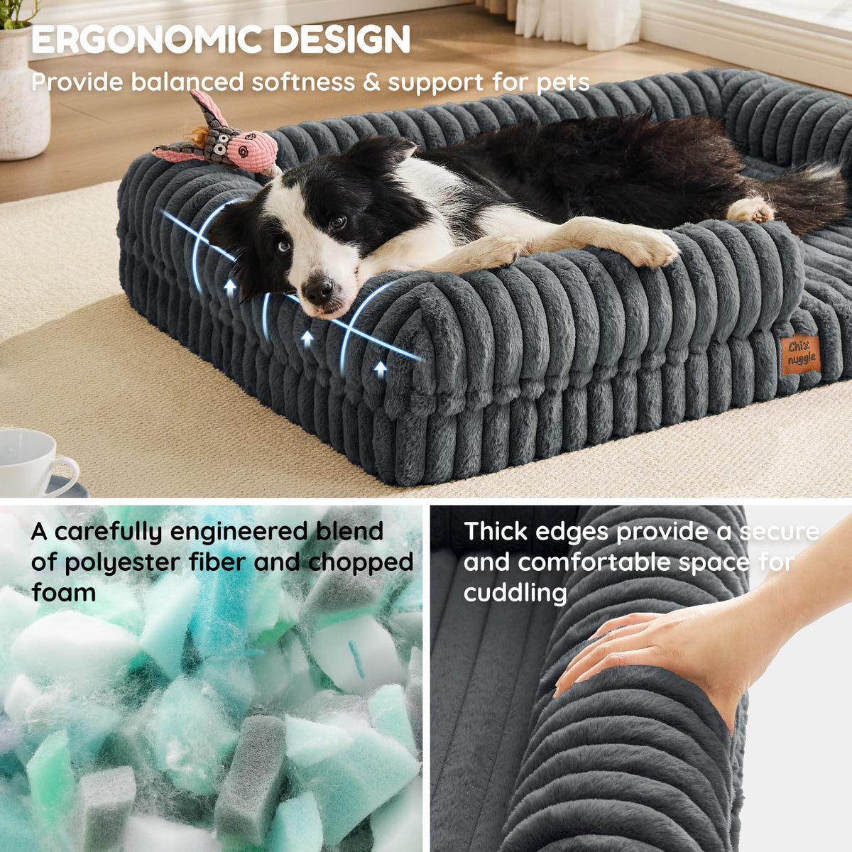 Faux Fur Orthopedic Dog Bolster Bed (Rectangular Dark Grey / XL(41*30*7))
