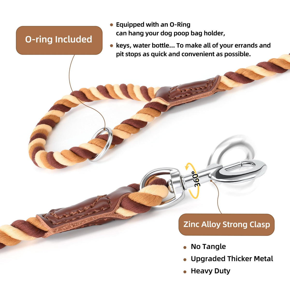 Rainbow Dog Leash Braided Cotton Rope w Leather (Brown Gradient / 60 Inch-1/2")