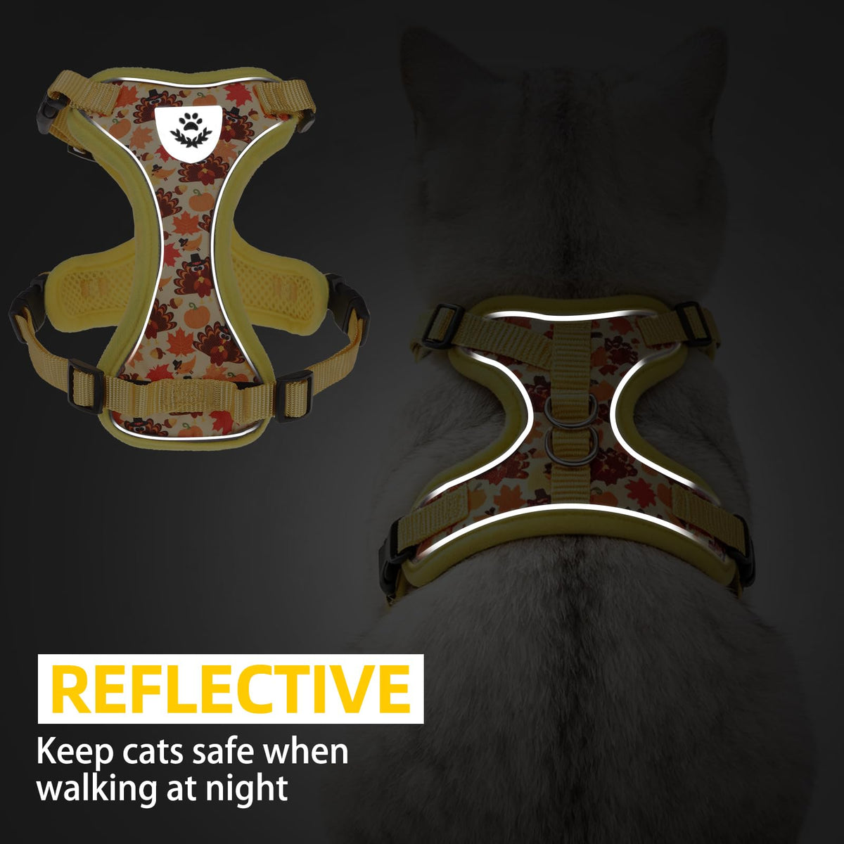 Cat Harness and Leash Set Escape Proof Reflective Cat Walking Harness Adjustable Soft Breathable Mesh Vest for Small Pets (M (NECK 11"-13.7", CHEST 16"-20") / Yellow(Thanksgiving))