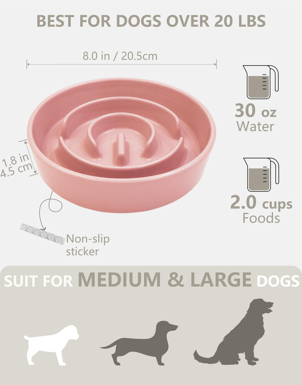 Ceramic Slow Feeder Dog Bowls (Pink / 8 Inches)