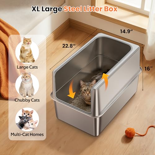 Stainless Steel Litter Box with Metal Lid and Scoop (XXL-:22.8"x14.6"x15.7")