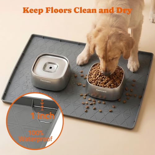 34" x 22" Waterproof Silicone Cat & Dog Food Mat with Raised Edge (Gray)