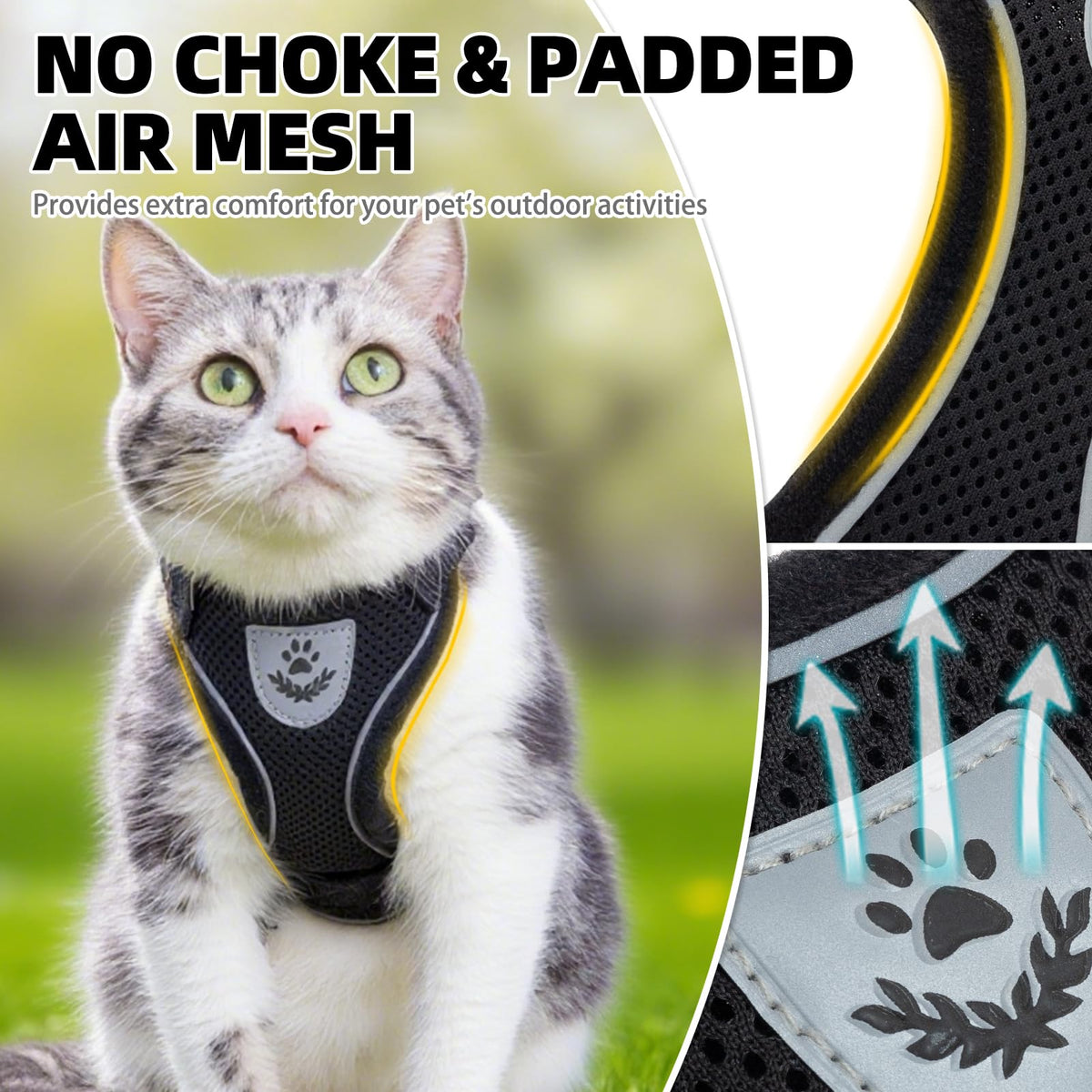 Cat Harness and Leash Set Escape Proof Reflective Cat Walking Harness Adjustable Soft Breathable Mesh Vest for Small Pets (XS (NECK 8.5", CHEST 11"-14") / Black)