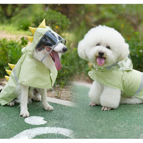 Dog Raincoat Waterproof Reflective Adjustable Hooded Dog Rain Coat with Leash Hole (Green Dinosaur / XX-Large(55-79lb))