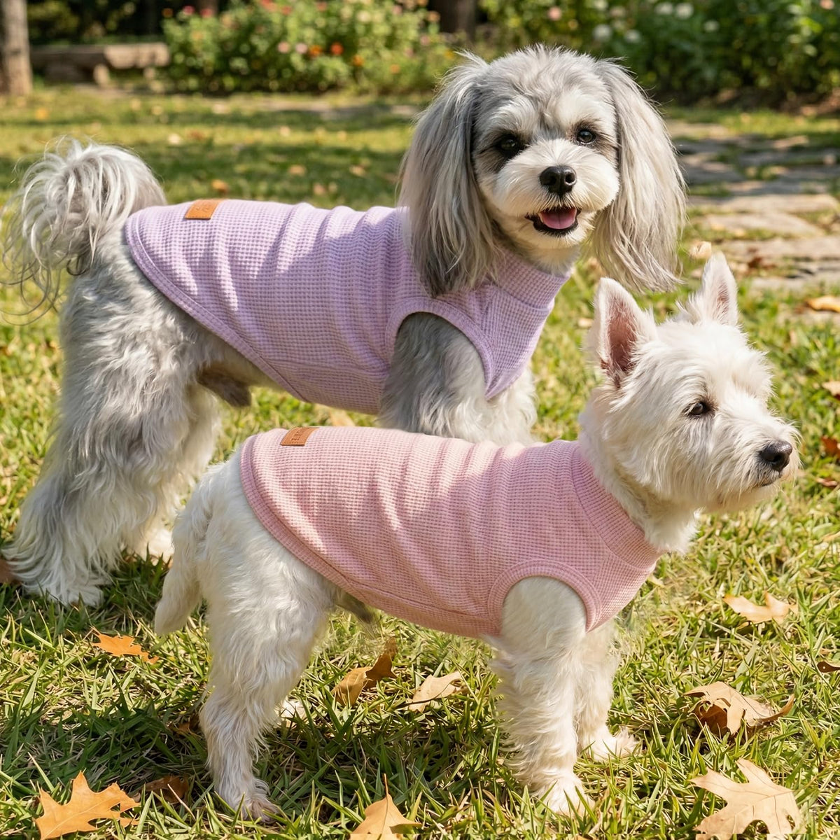 2Pack Dog Shirts Lightweight Waffle Dog Shirt for Small Dogs Sleeveless Dog Shirt for Small Medium Boy Girl Dogs Cozy & Breathable Pet Vest (S(Back: 11.8", Chest: 15.7", 5.5-8.8lbs) / Light Pink+Light Purple)