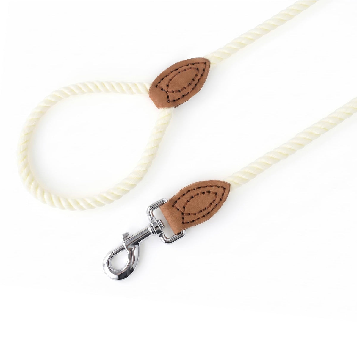 Dog Leash Braided Cotton Rope with Leather (Cream White / 60 Inch-1/2")