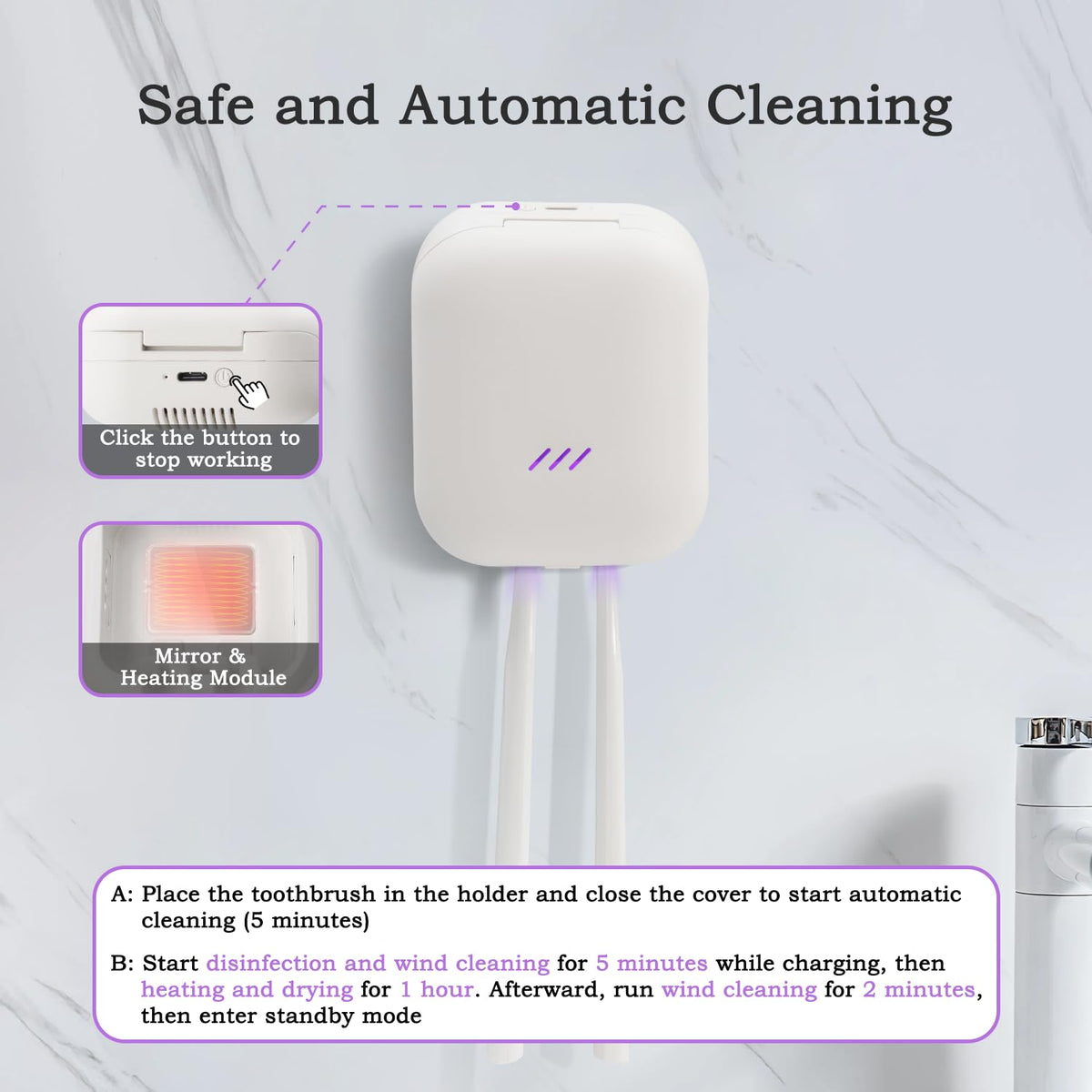 UV Toothbrush Sanitizer Holder (White-for Two)