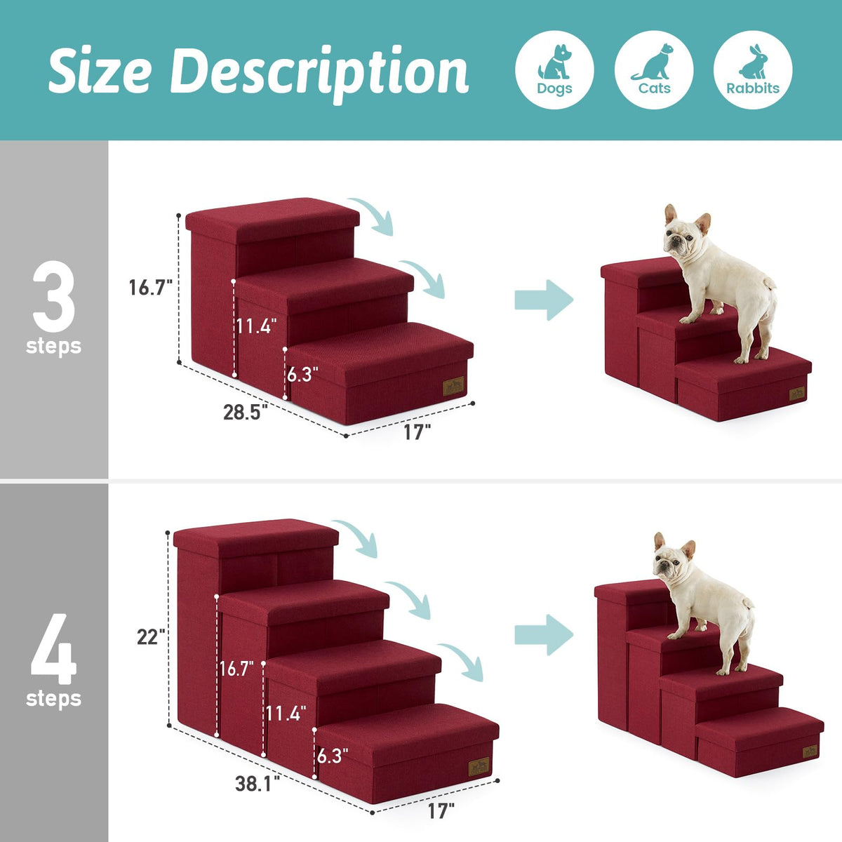 Dog Stairs with Storage (Burgundy / 28.5"L x 17"W x 16.7"H)