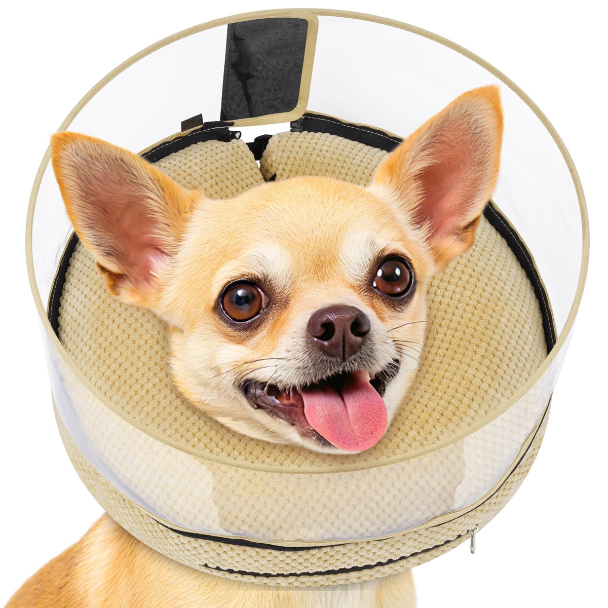 Inflatable Dog Cone with Clear Shield for Added Coverage (Khaki / S (Neck: 5"-8"))