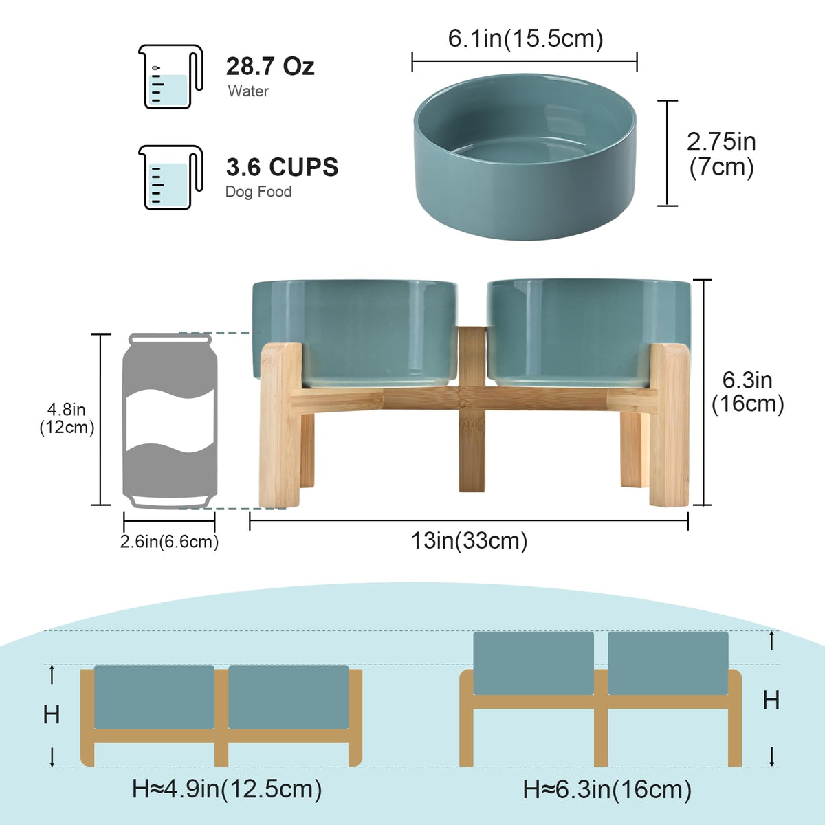 Elevated Dog Bowls Ceramic (6.1 in - 3.6 cups / Dark Green)