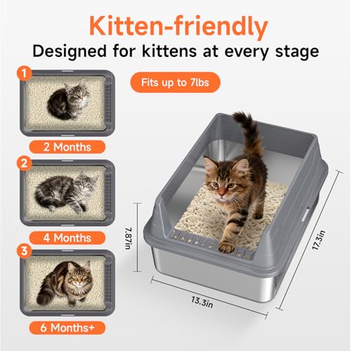 Stainless Steel Cat Litter Box Low Entry Litter Pan Include Scoop (Dark Grey M)
