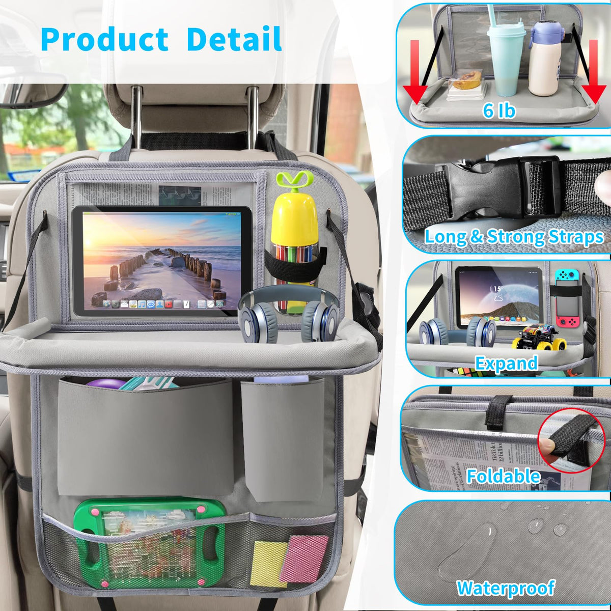 Car Backseat Organizer with Tablet Holder (2Pack / Grey)