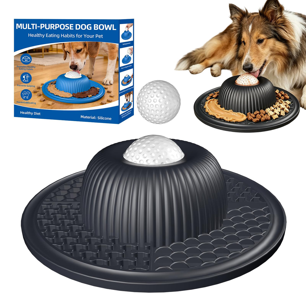2-in-1 Dog Slow Feeder Bowl & Lick Mat with 2 Rotatable Balls, No-Slip Silicone Anxiety Relief Treat Mat for Dogs & Cats, Dishwasher Safe (Black) (Black)