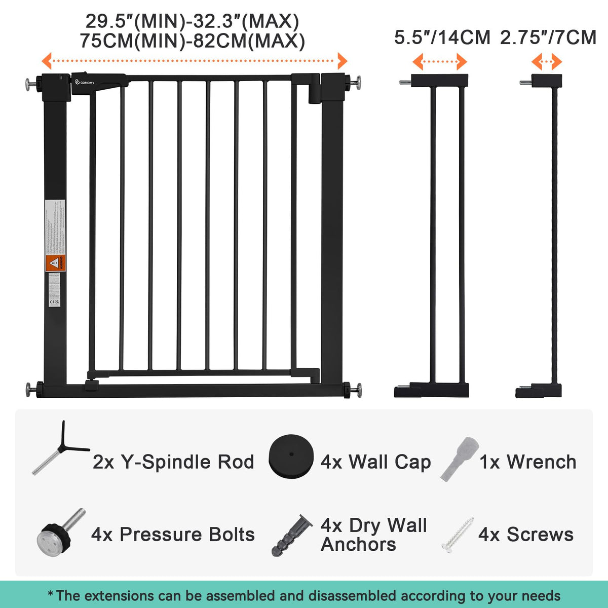 30" Tall Baby Gate for Stairs Doorways (30"Tall 40.5"Wide / Black)