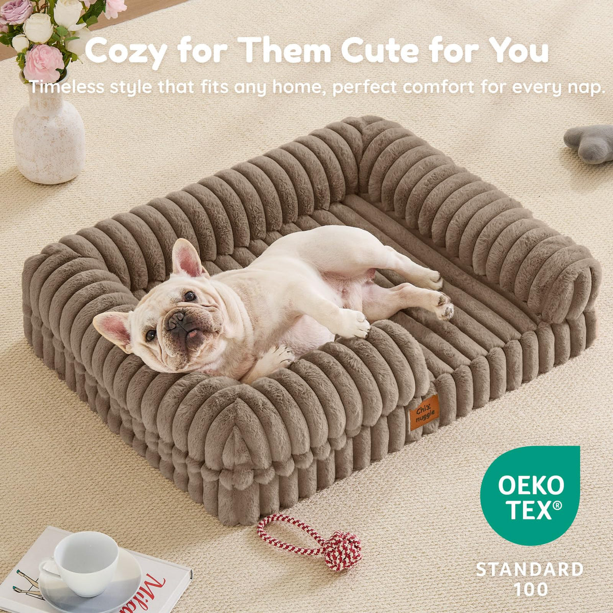 Faux Fur Orthopedic Dog Bolster Bed (Rectangular Taupe / M(30*24*7))