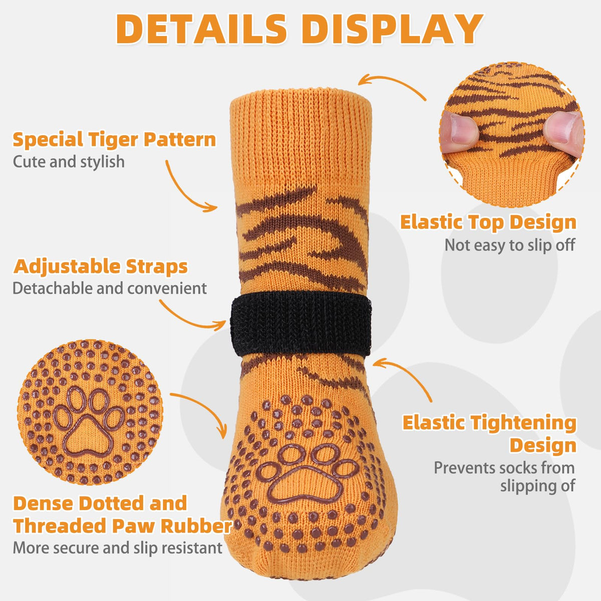 Anti Slip Dog Socks to Prevent Licking Paws (Tiger Brown / X-Large (4 Pack))