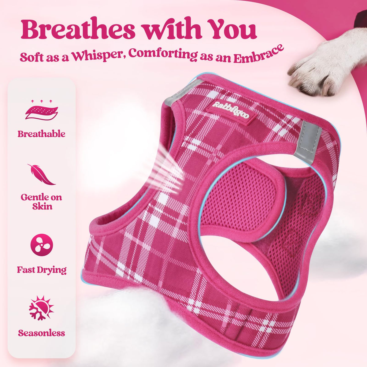 Dog Harness Small Sized and Leash Set (Rose Red Plaid / Xs (chest: 13.3 - 15.5"))