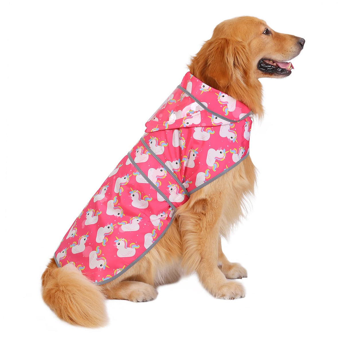 Clear Hooded Dog Raincoat Jacket Poncho with Dog Leash Hole Pink XXL (XX-Large / Unicorn Ducks Pink)