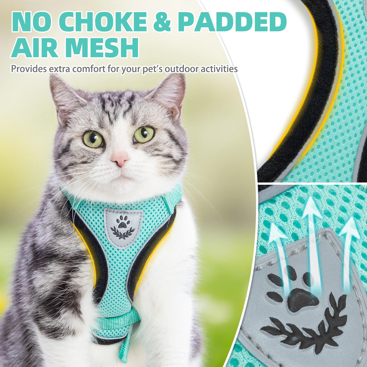 Cat Harness and Leash Set Escape Proof Reflective Cat Walking Harness Adjustable Soft Breathable Mesh Vest for Small Pets (XS (NECK 8.5", CHEST 11"-14") / Aquamarine)