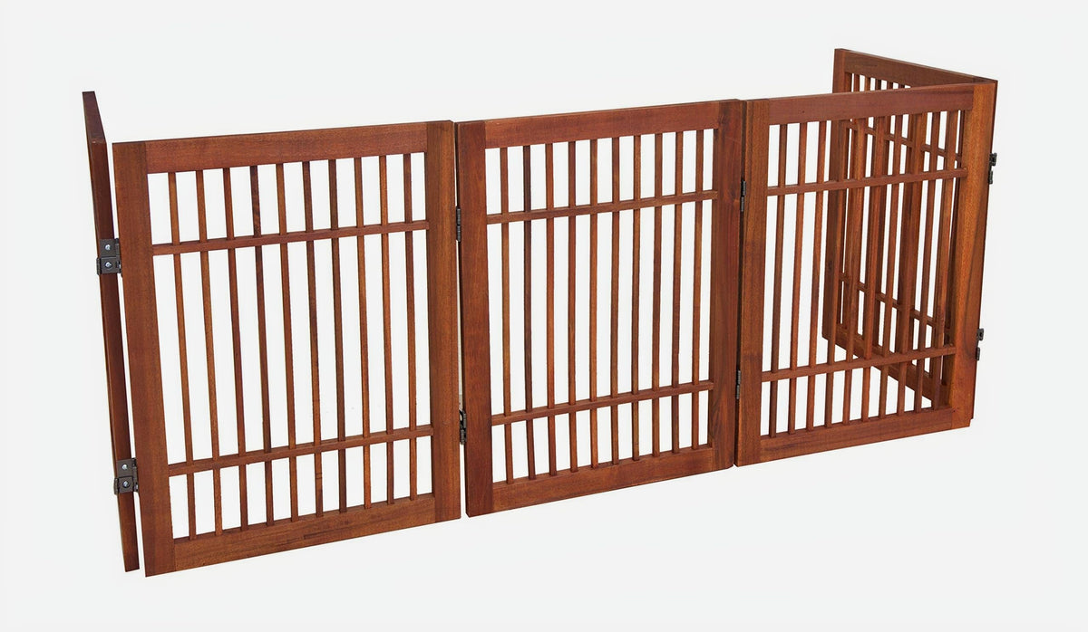 Freestanding Wooden Dog Gate Foldable Indoor Pet Gate No Drill Expandable Barrier for Doorways Stairs Hallways Portable Wood Fence for Small Dogs & Puppies (5 Panel 24" Tall / Brown Pet Gate)